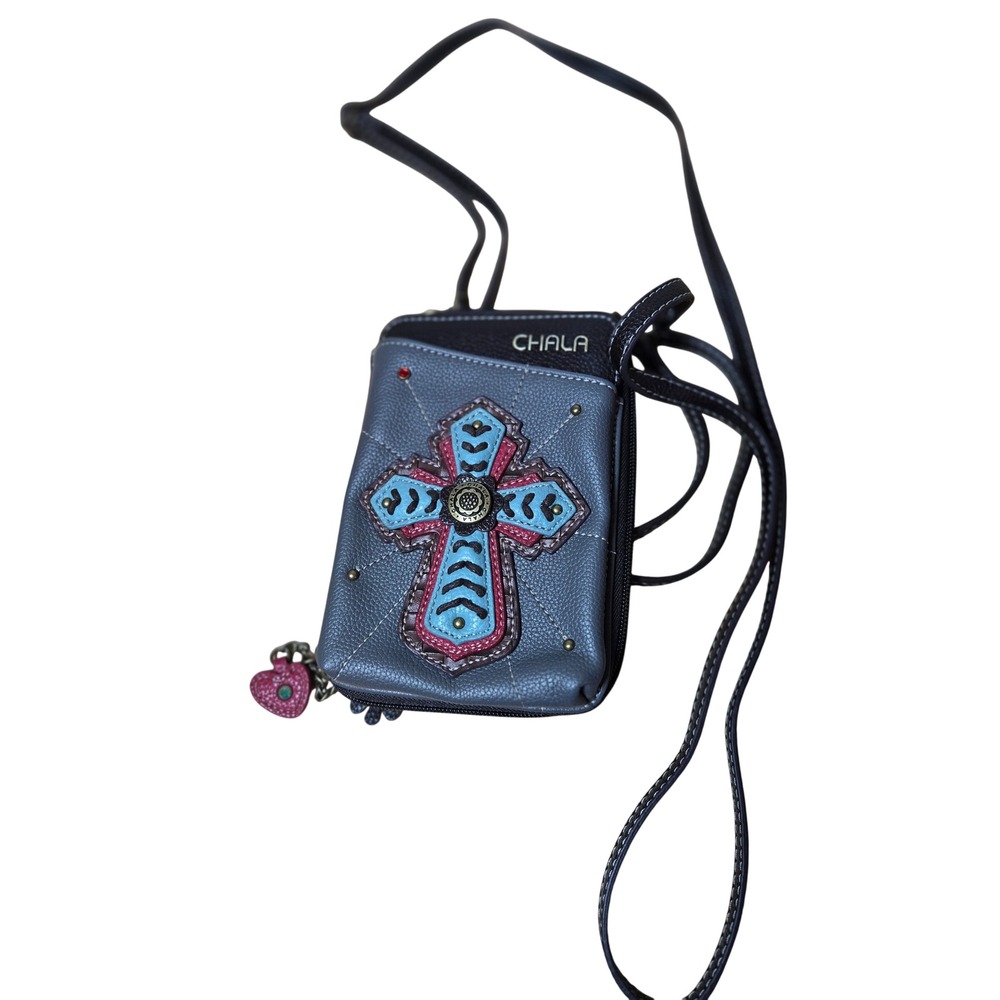 Chala Women Gray Faux Leather Crossbody Cell Phone Purse Wallet Cross Applique